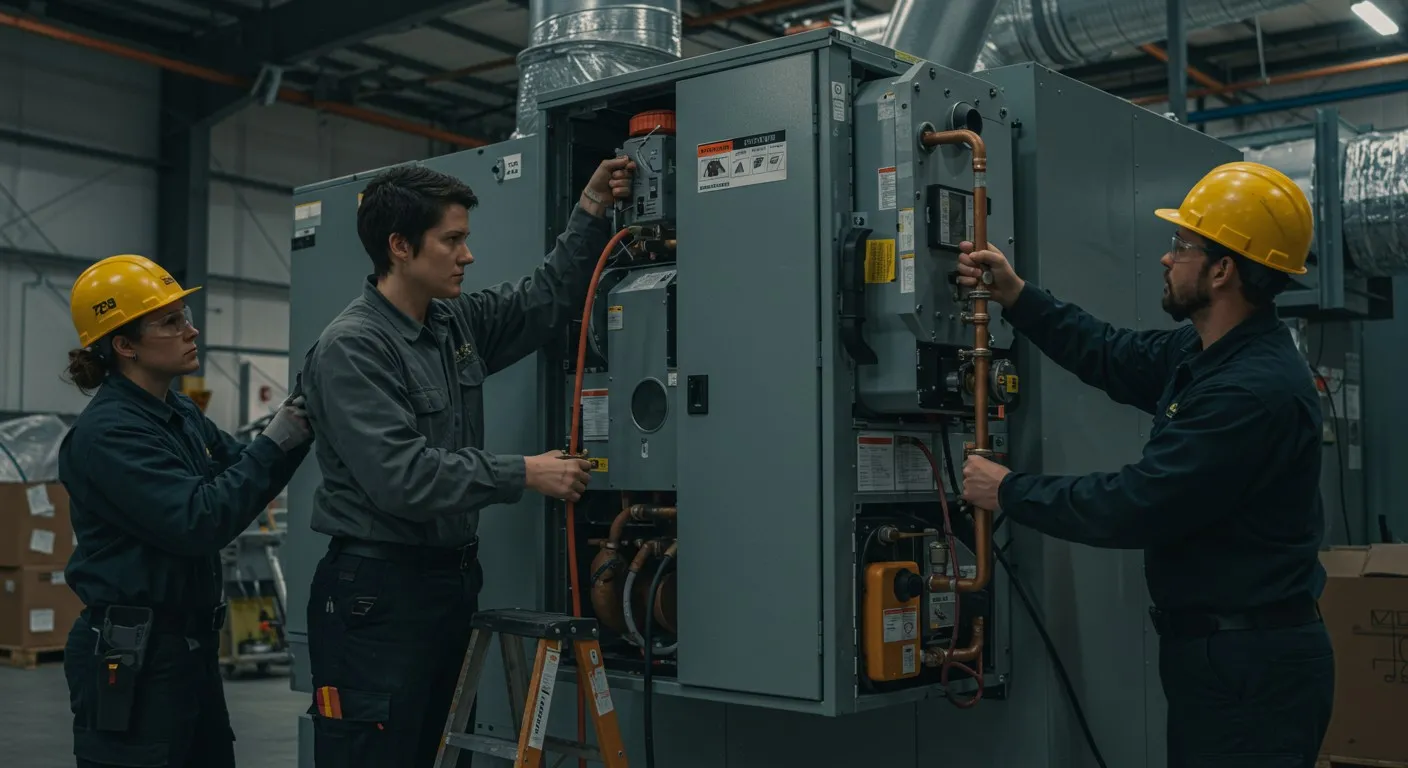Three technicians servicing large commercial HVAC.