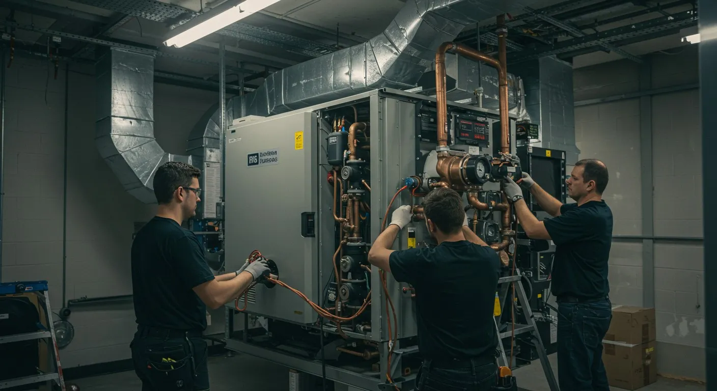 Three technicians servicing a large boiler.