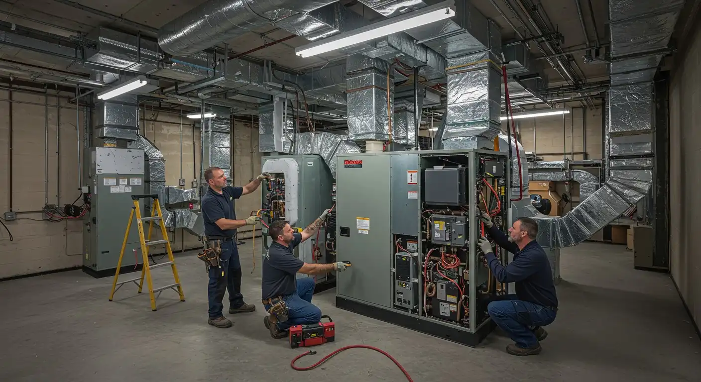 Three technicians repairing large commercial heater.