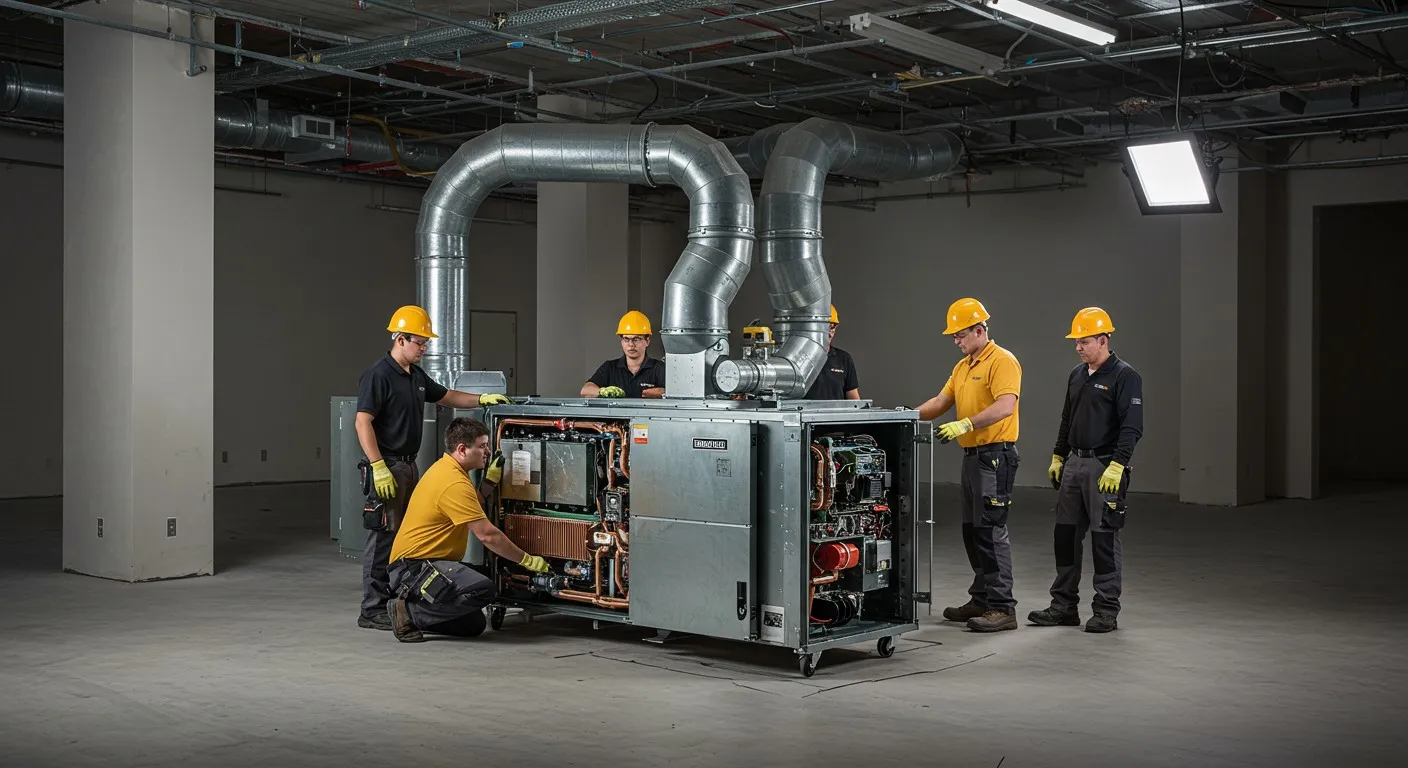 Five technicians installing commercial HVAC unit.