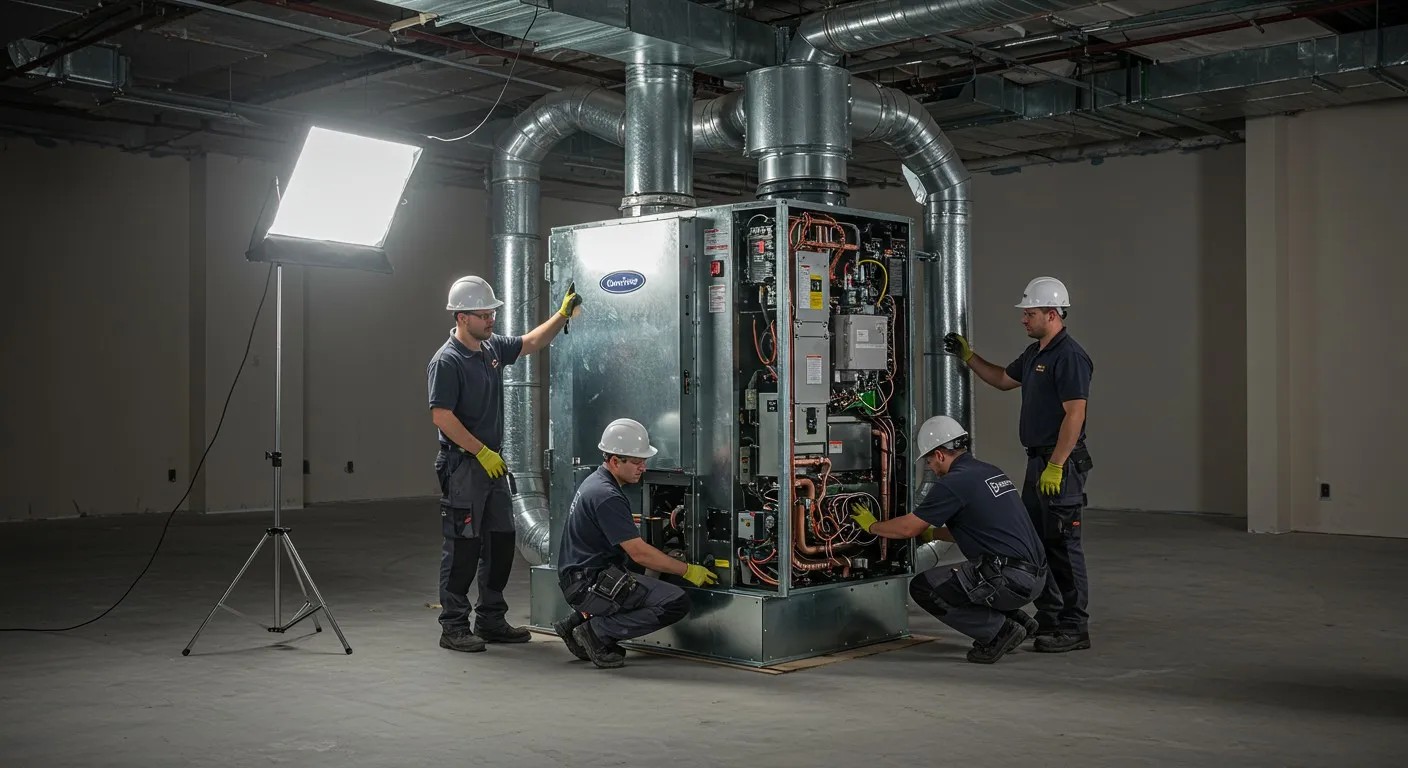 Four technicians servicing commercial HVAC unit.
