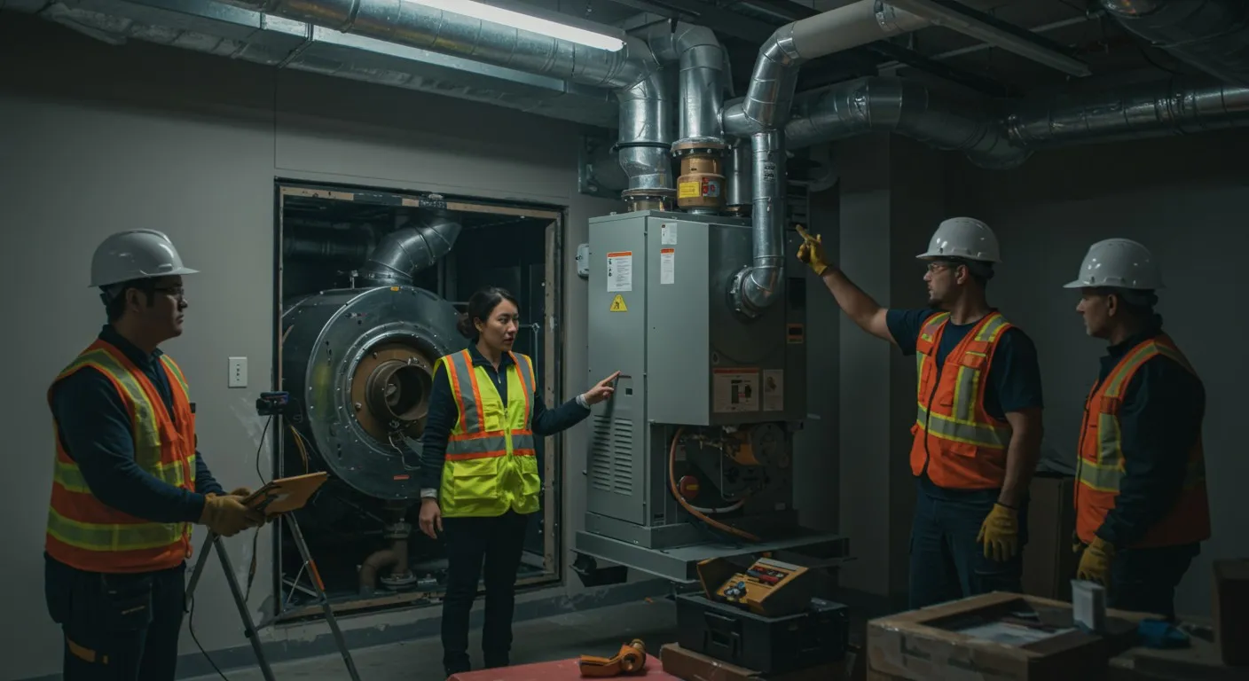 HVAC crew discussing commercial heater unit.
