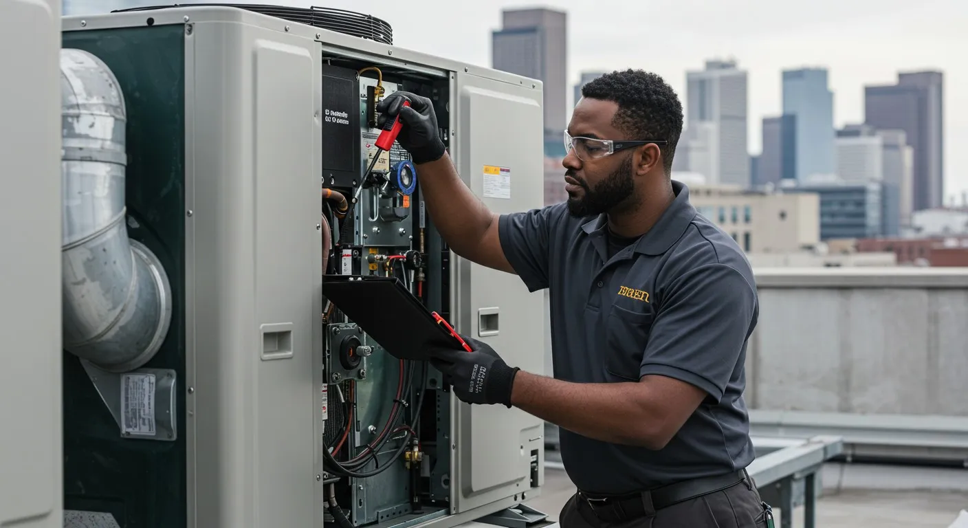 Technician servicing commercial rooftop HVAC unit.