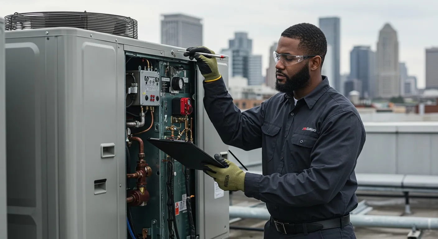Technician inspecting rooftop HVAC unit with checklist.