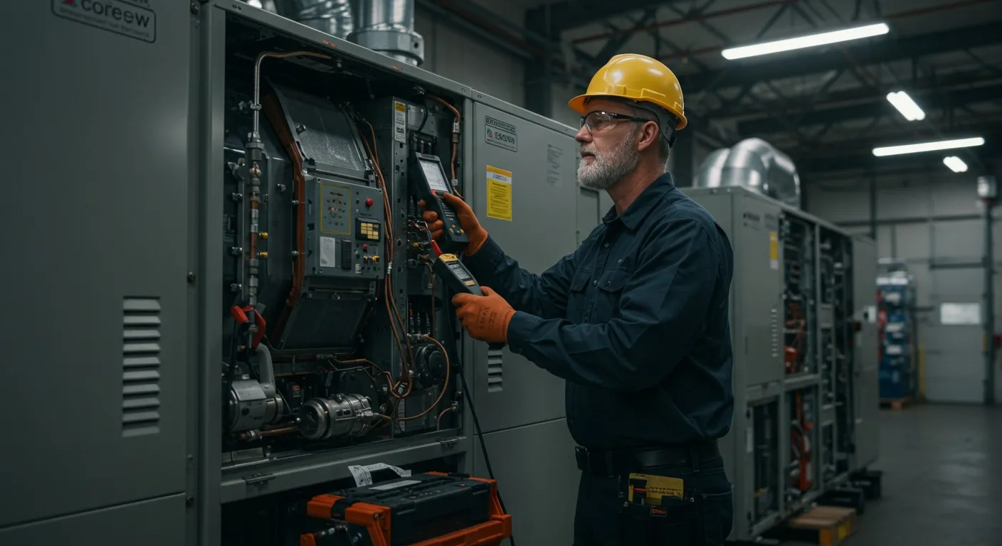 Technician uses diagnostic tools on HVAC unit.