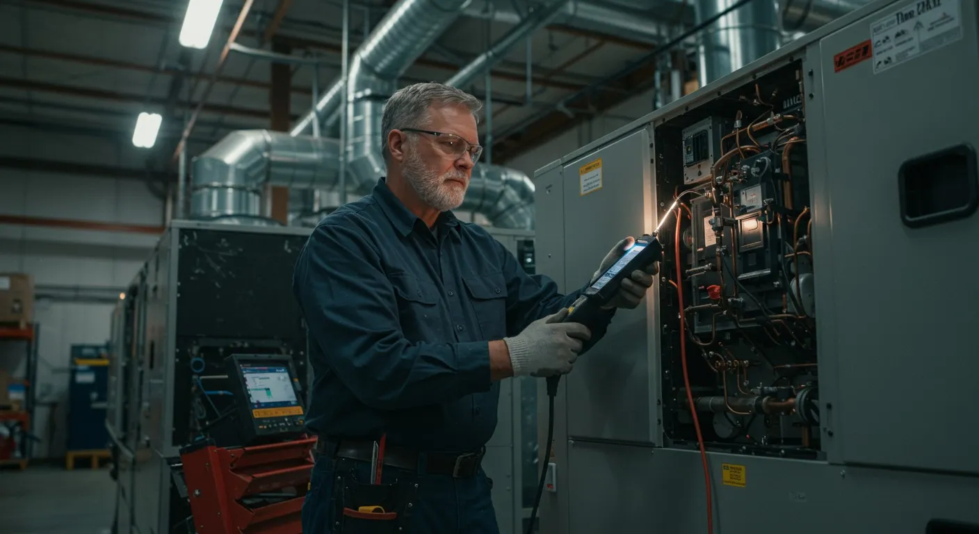 Technician troubleshooting large commercial HVAC unit.