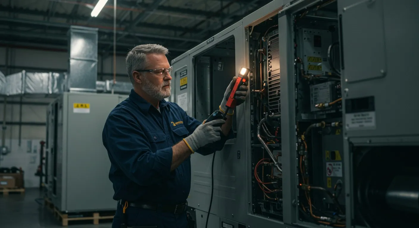 Technician inspecting large HVAC unit with light.