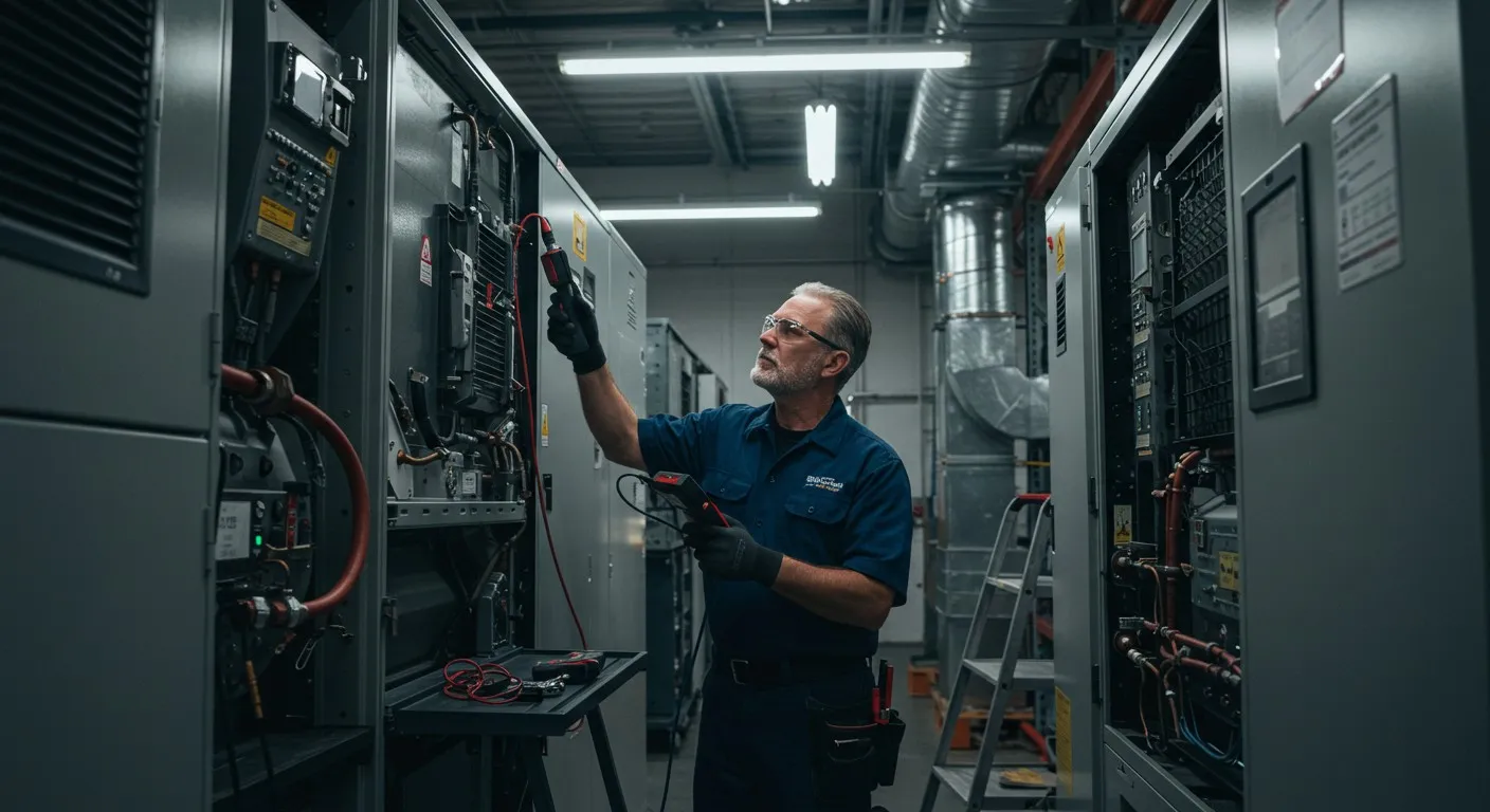 Technician taking electrical readings from HVAC control panel.