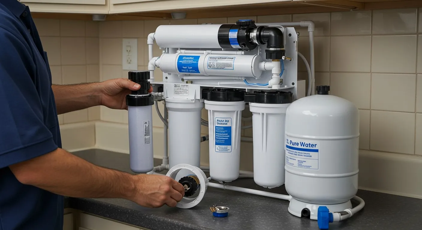 Man servicing multi-stage water filter system.