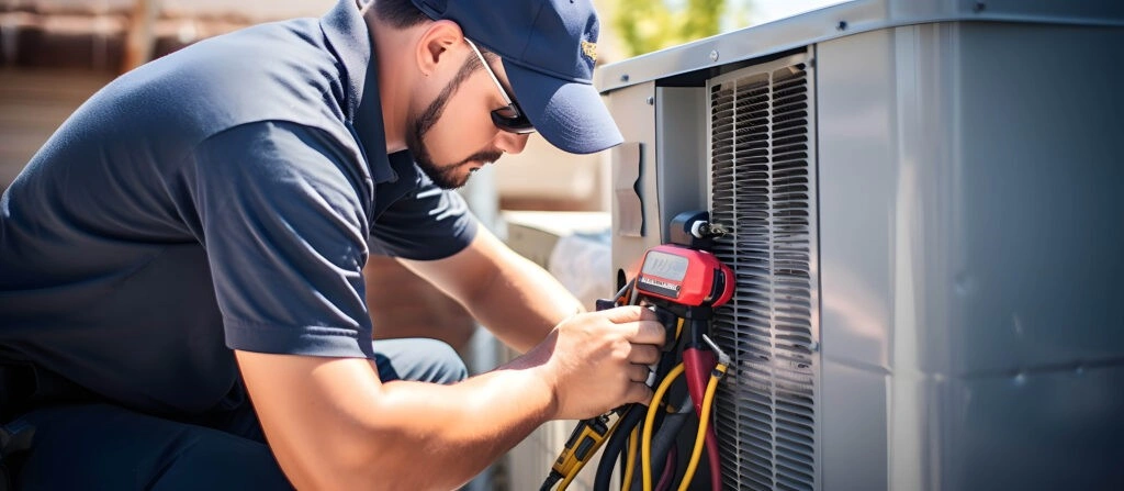 HVAC technician inspecting residential AC unit