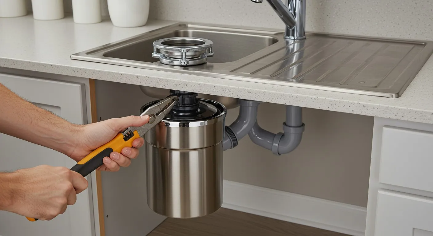 A person's hands using pliers to work on a stainless steel garbage disposal unit under a kitchen sink, with a sink strainer removed on the counter.