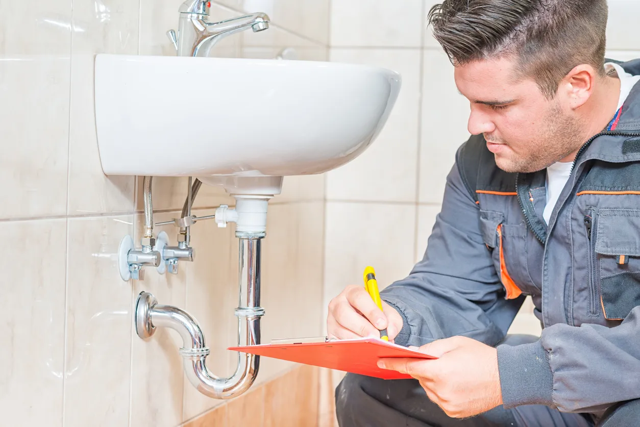 Plumber examining a bathroom sink's chrome P-trap and writing on a clipboard.