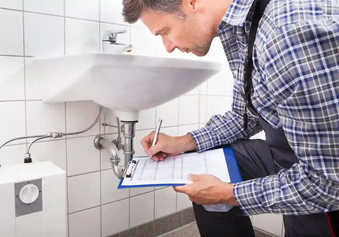 A plumber in a plaid shirt inspects plumbing under a sink and next to a small white water heater, writing on a clipboard.