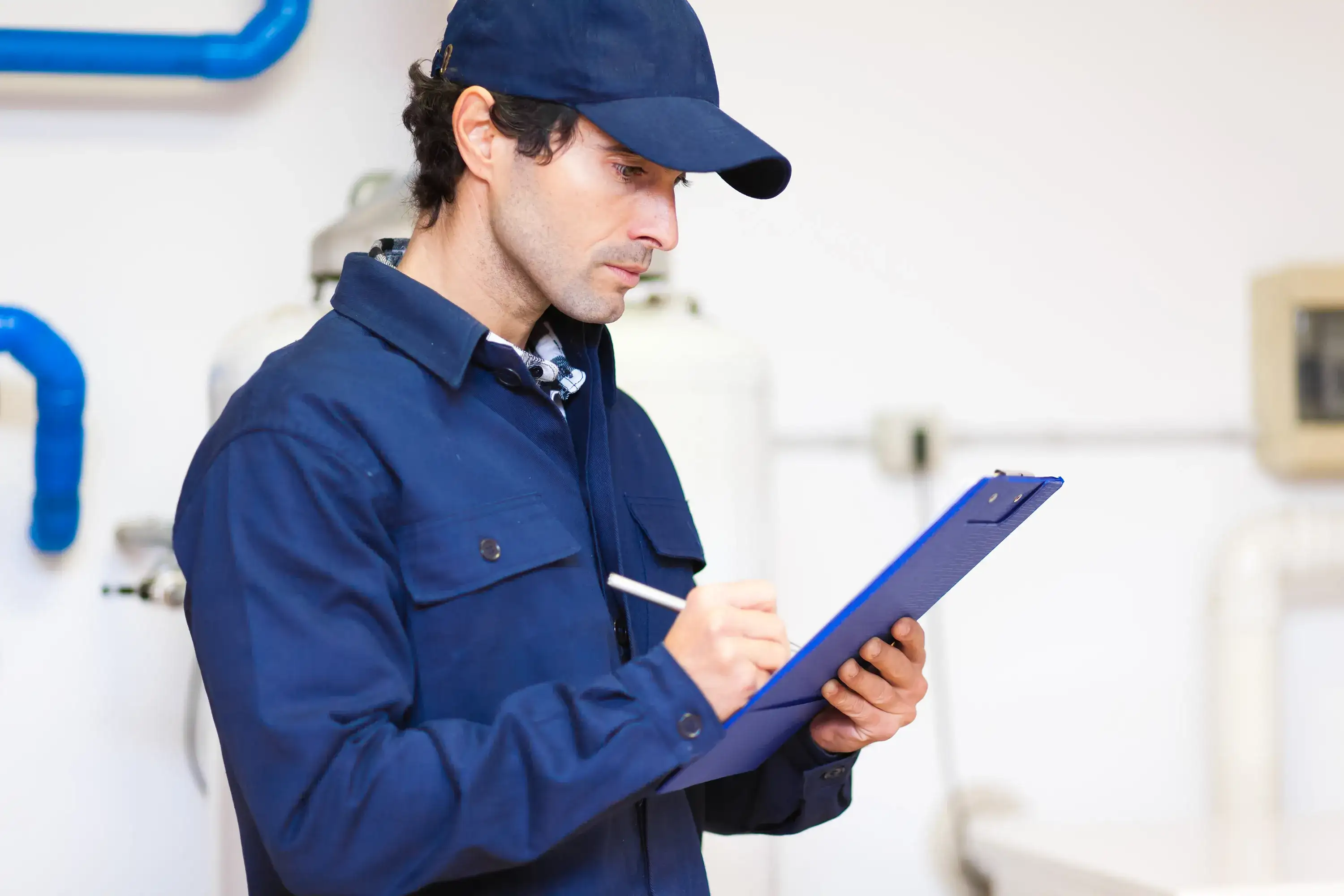 A technician in a blue uniform and cap meticulously writes on a clipboard during an inspection.