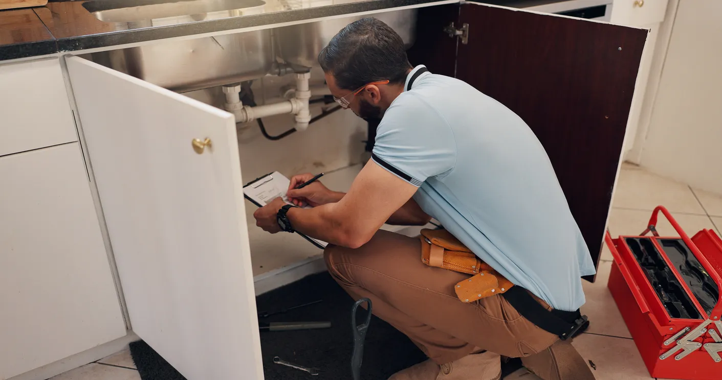 A plumber kneels to inspect pipes under a kitchen sink, meticulously writing on a clipboard with a red toolbox nearby.