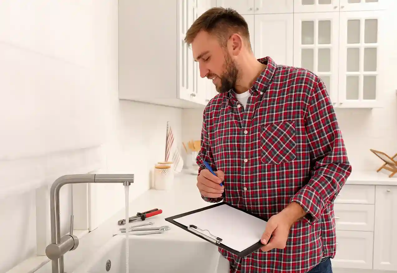 A plumber in a red plaid shirt watches running water while holding an inspection clipboard over a kitchen sink.