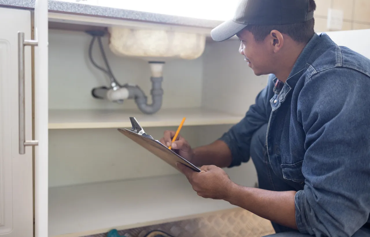 A smiling plumber crouches to inspect the pipes beneath a kitchen sink, writing on a clipboard.