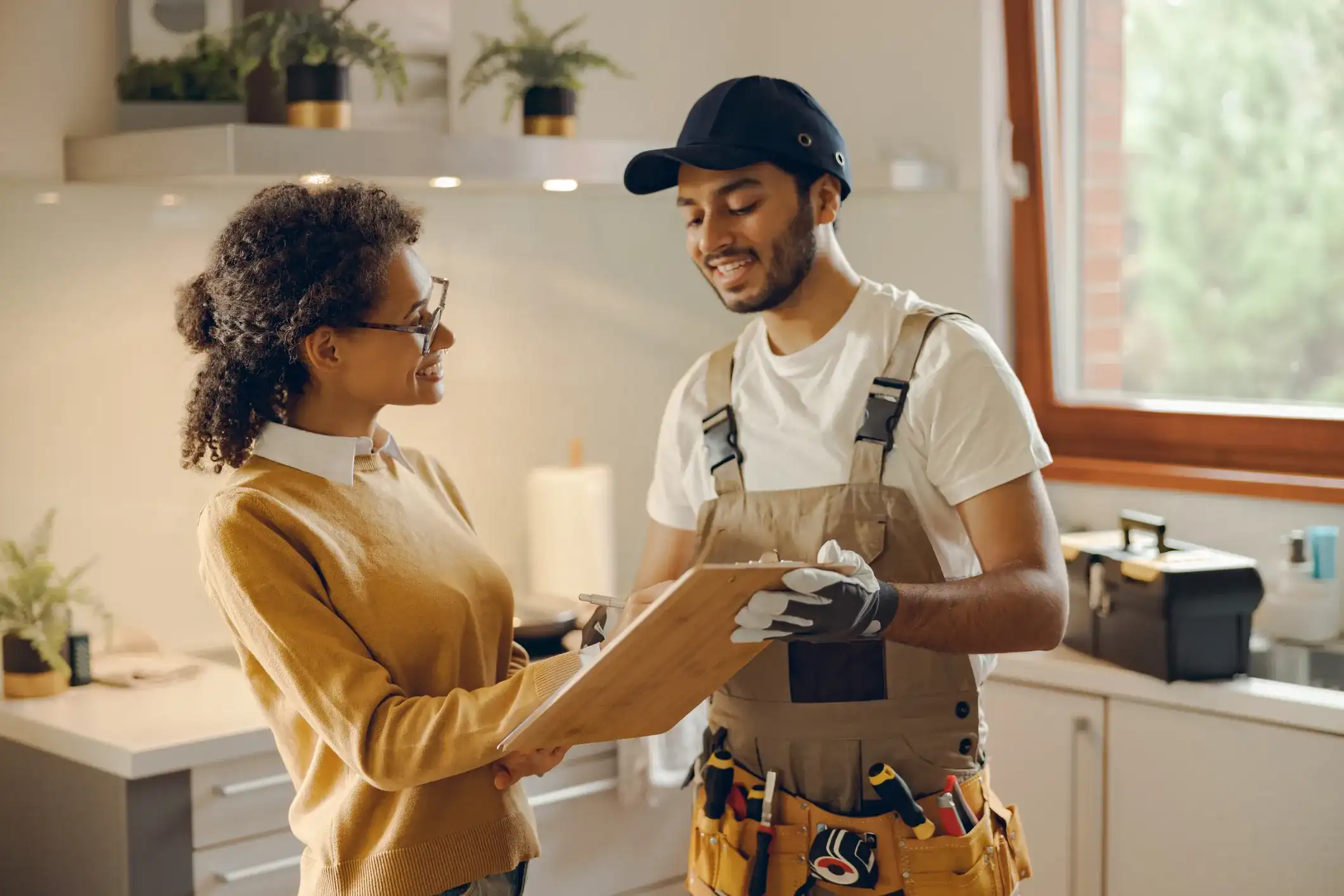 A smiling plumber in overalls discusses a repair plan with a female homeowner holding a clipboard.