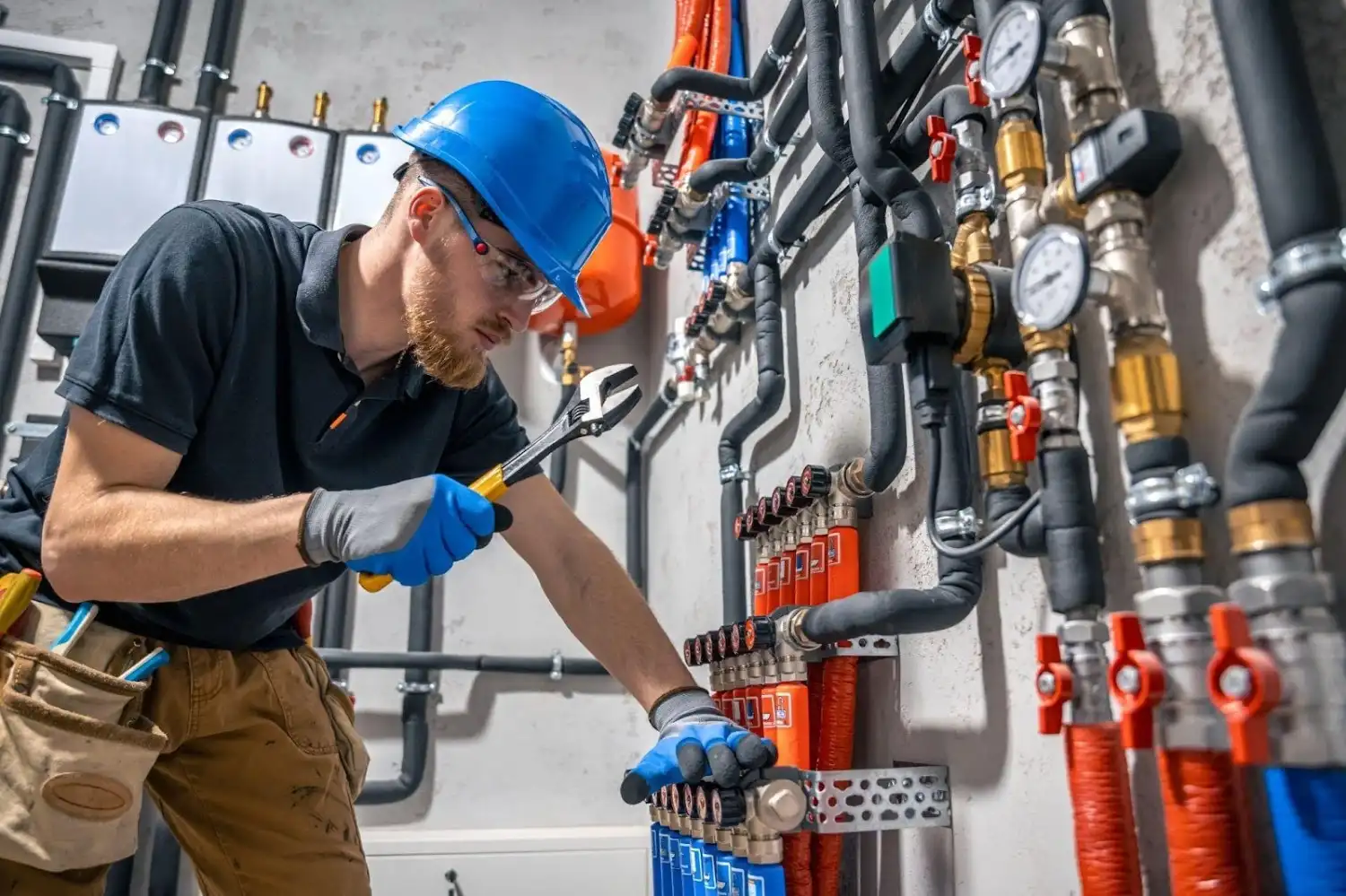 Plumber works on complex manifold system.