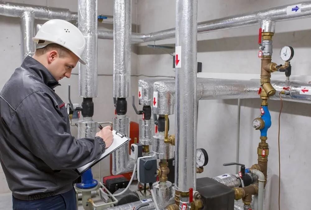 Technician inspects and records pipe system data.