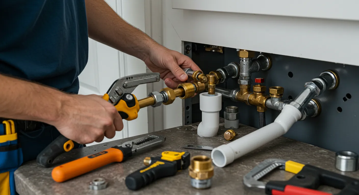 Close-up of a plumber's hands using a wrench to connect a brass pipe fitting.