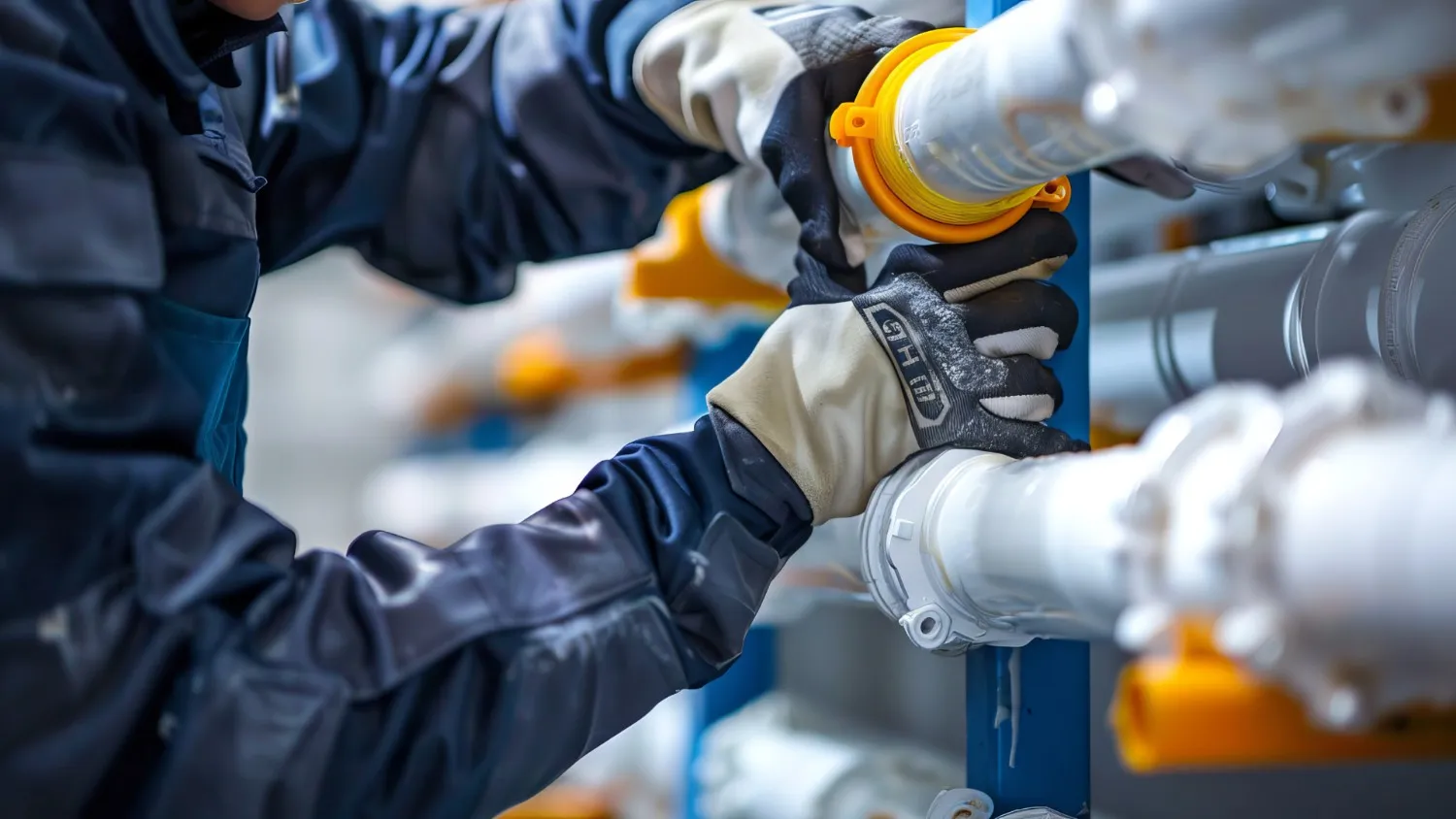 Worker installing connector on white pipes.
