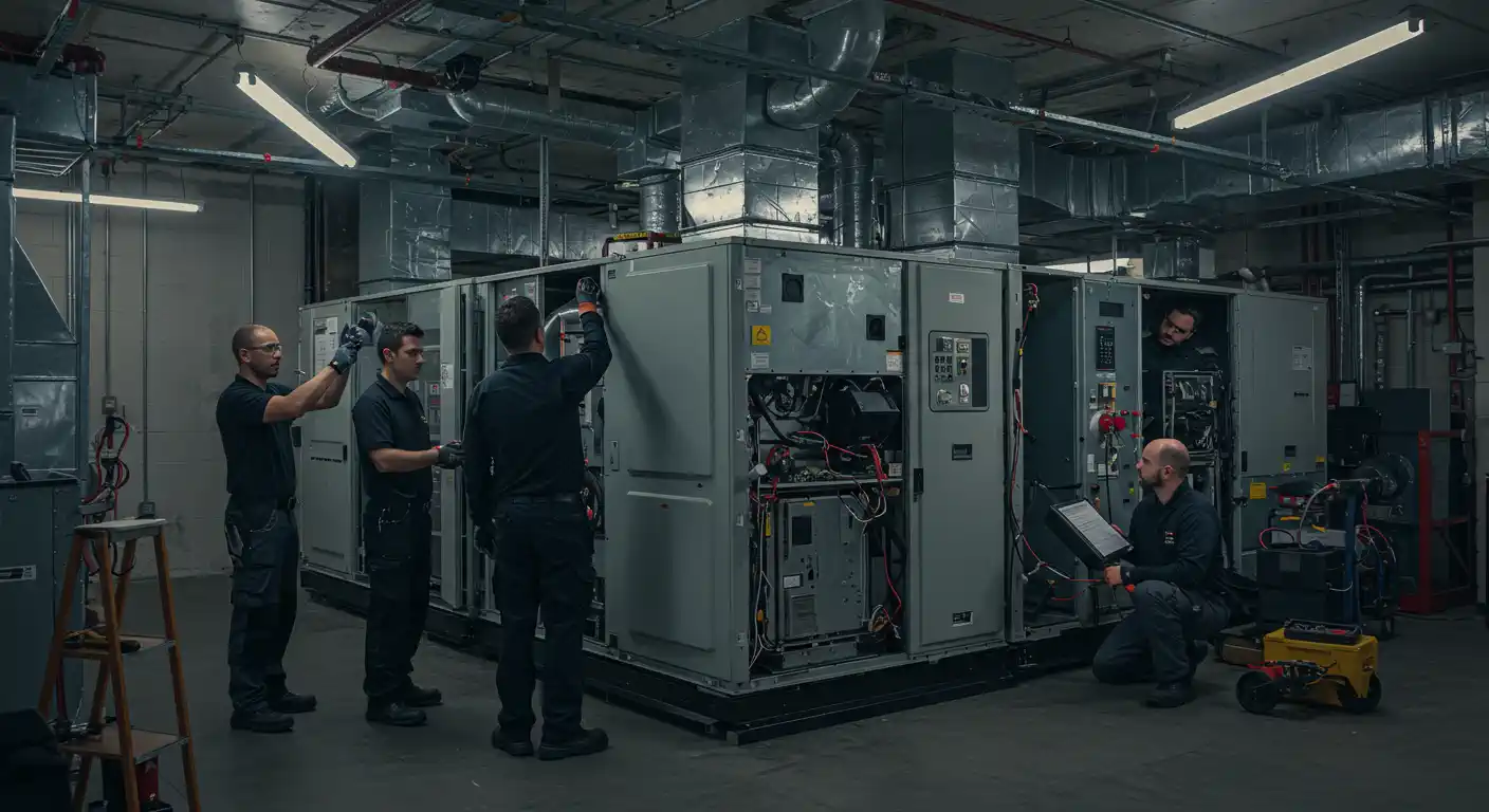 An interior wide shot of a large, dimly lit commercial or industrial HVAC plant room. Four HVAC technicians wearing matching dark work uniforms are working on a massive, rectangular, modular air handling unit (AHU), which has its service panels open. One technician is inside the unit, two are working on the exterior panels, and one is kneeling to read a clipboard. Large metal ductwork is visible above the unit.