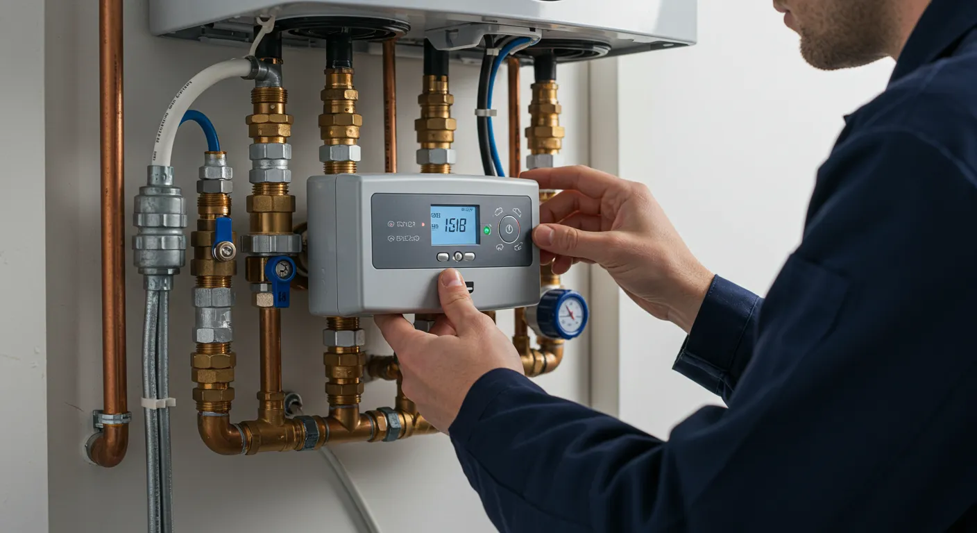A repairman adjusts the digital control panel of a tankless water heater.