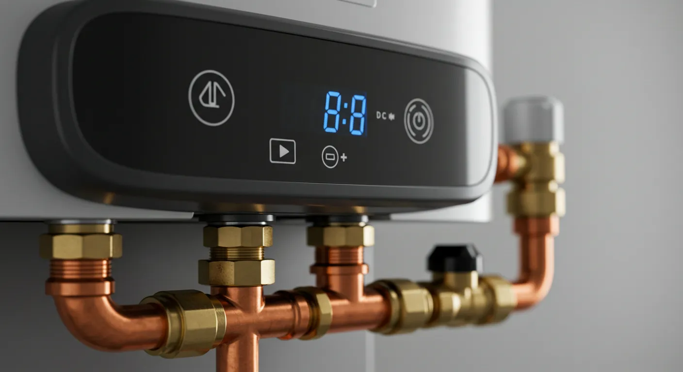 A close-up of a tankless water heater's digital control panel and neatly installed copper pipe connections.