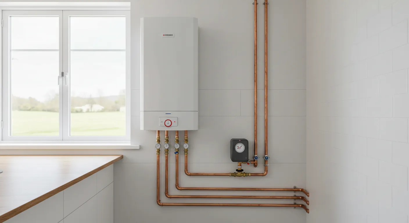 A sleek white tankless water heater with copper plumbing mounted on a white tiled wall near a large window.