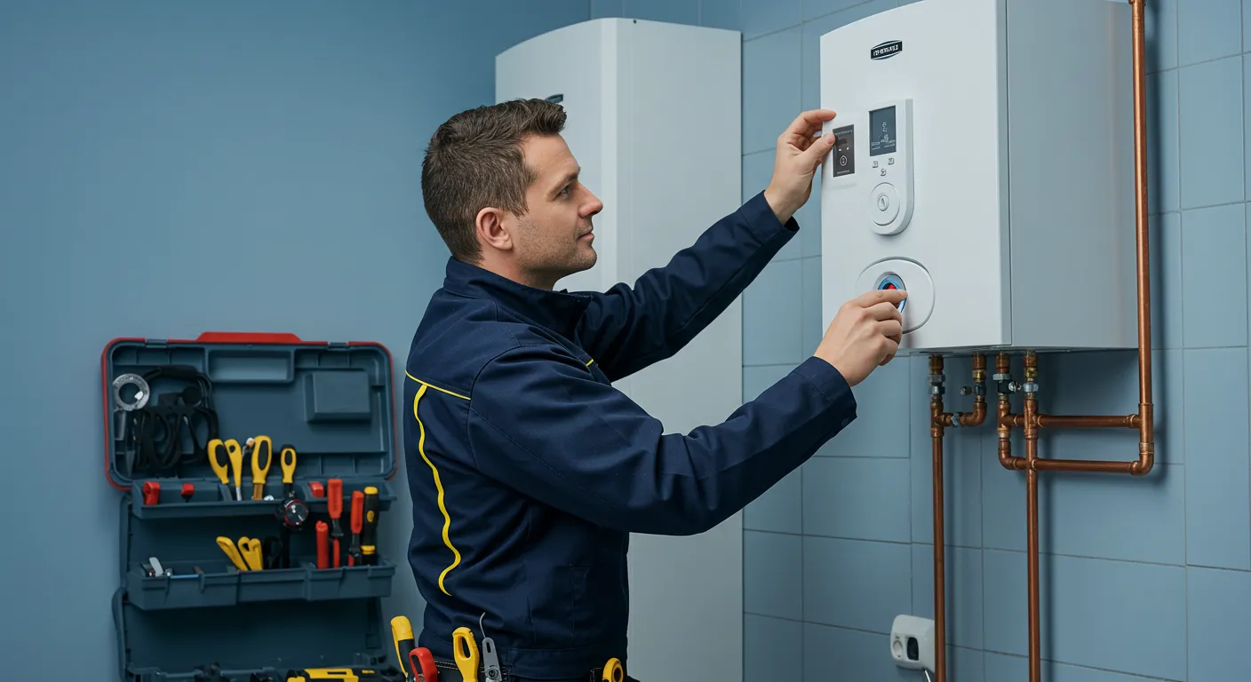 A plumber services a modern water heater unit, adjusting its controls in a blue tiled room.