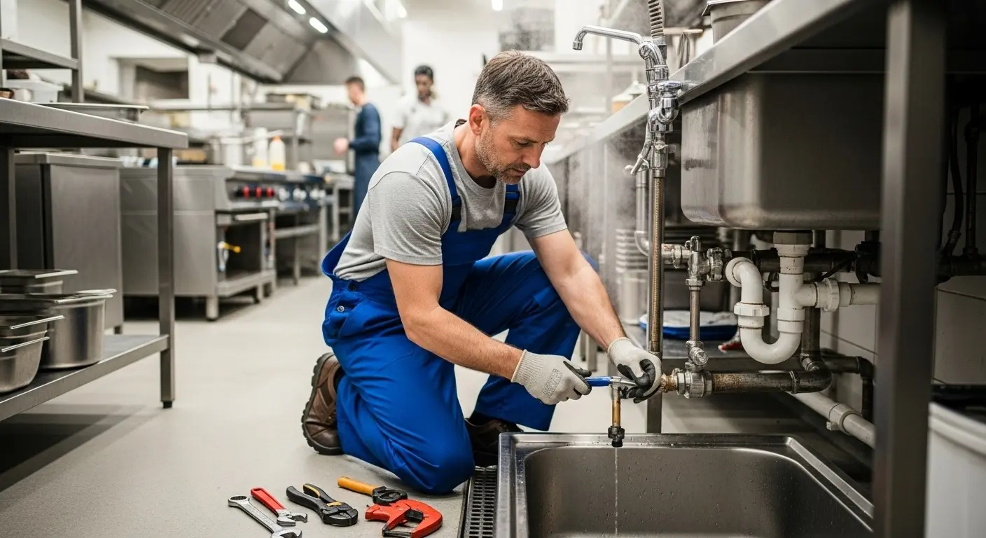 Plumber repairs commercial sink drain pipes.