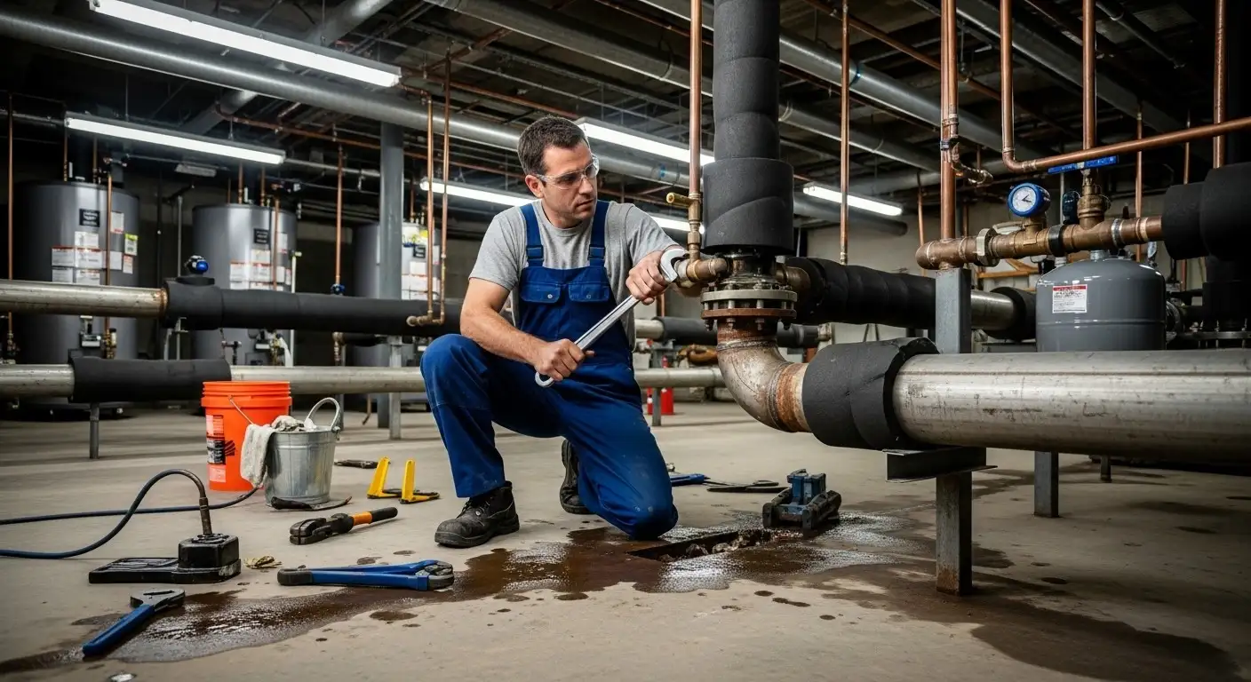 Plumber fixing leaking insulated industrial pipes.