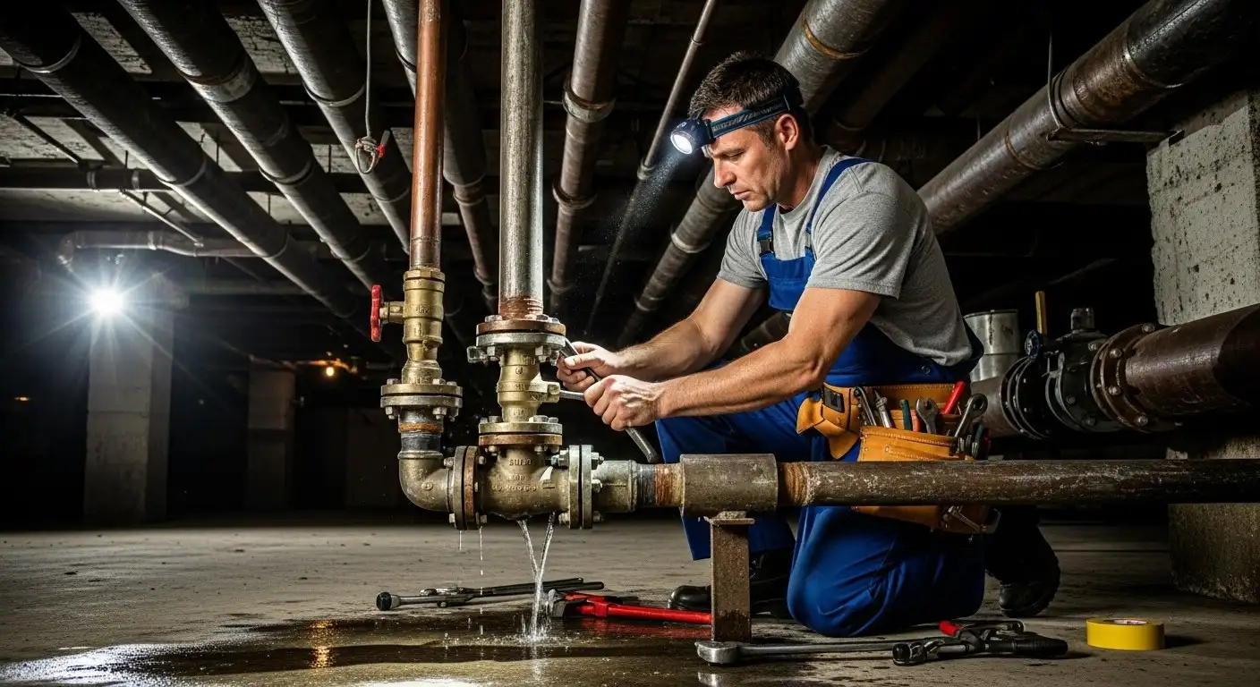 Plumber fixes leaky copper basement pipes.