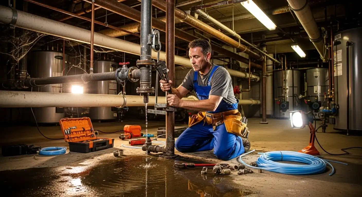 Plumber fixes leaky pipe in mechanical room.