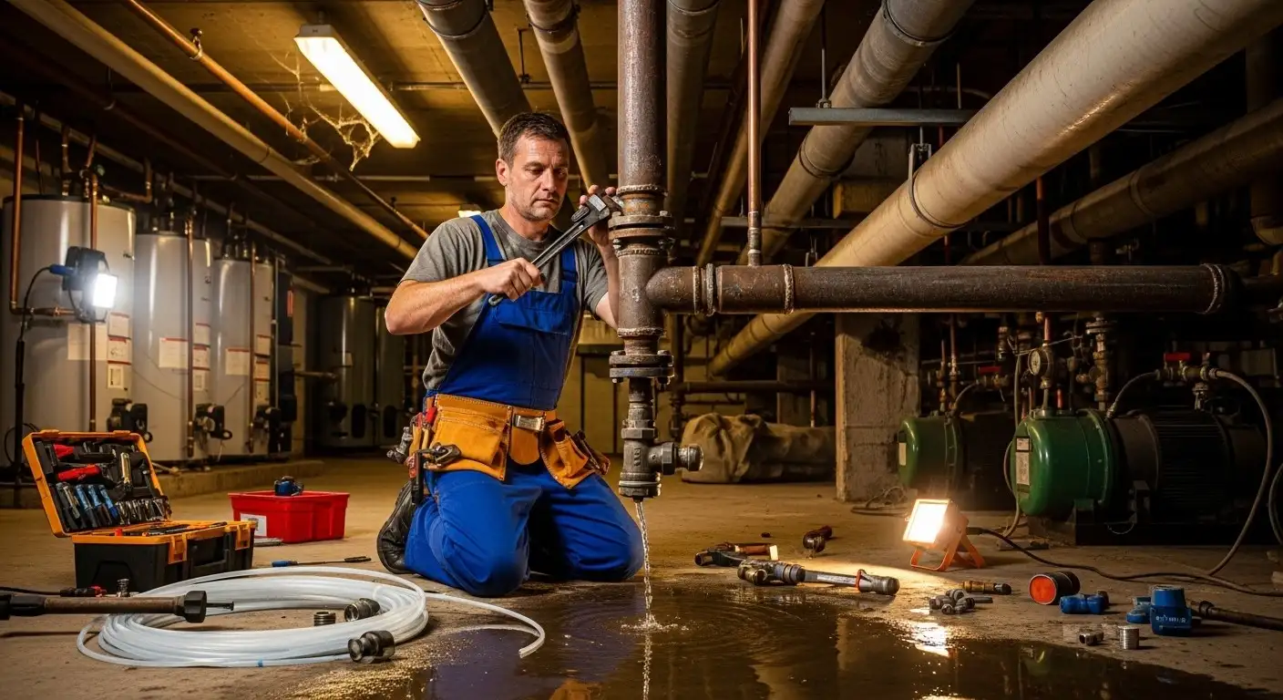 Plumber repairs leaky pipe in plant room.