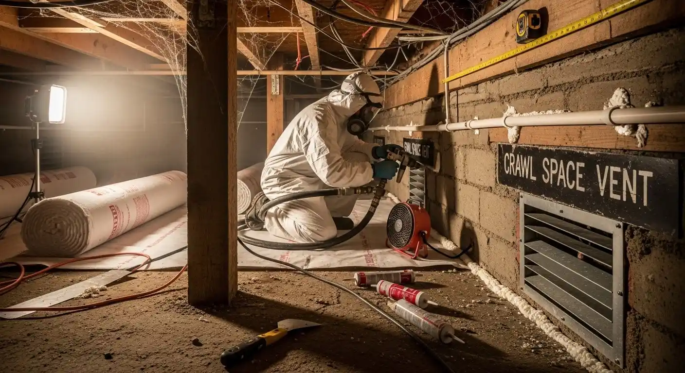 Contractor sealing crawl space with spray foam.