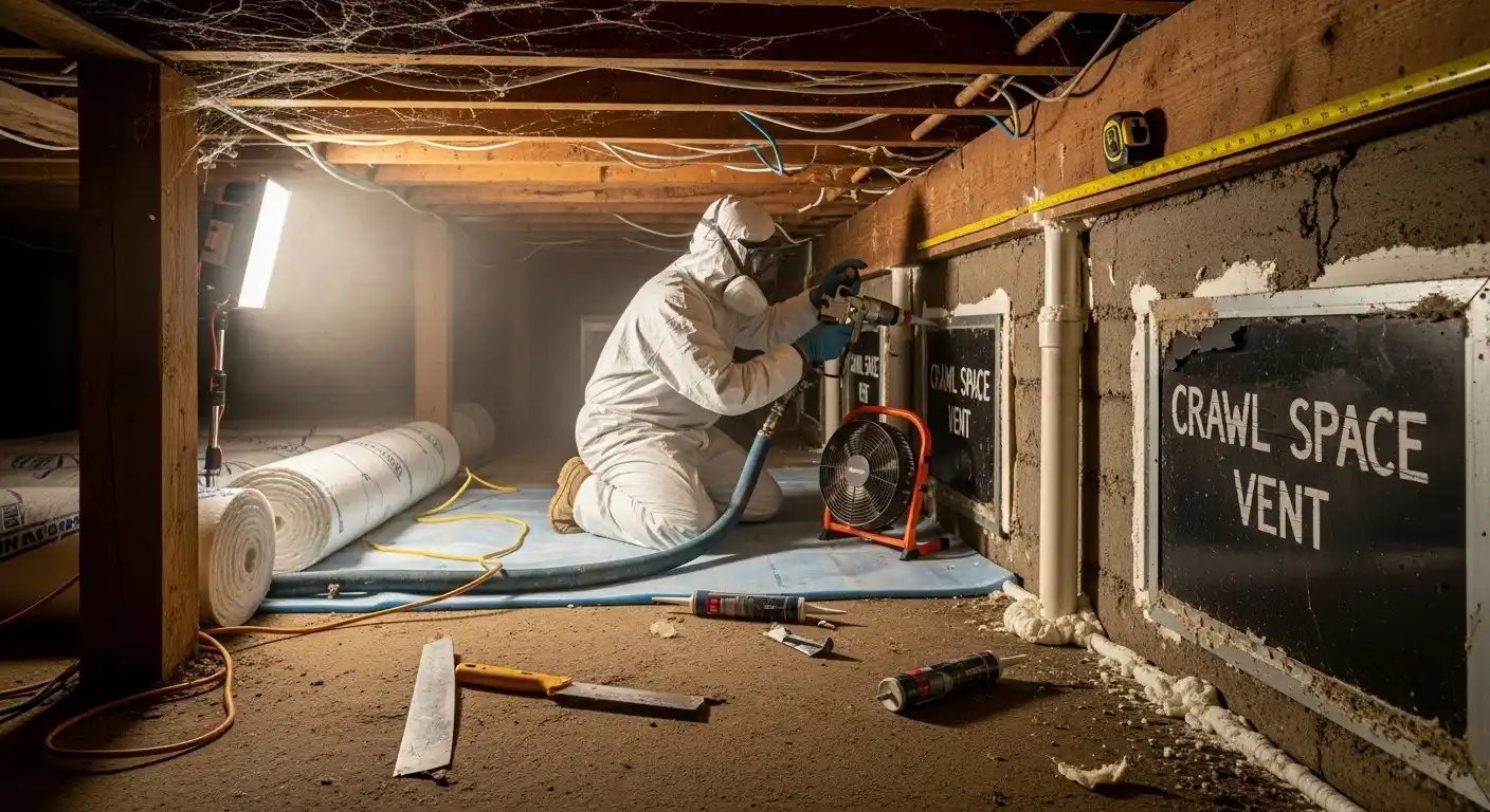 Contractor insulating crawl space with spray foam.
