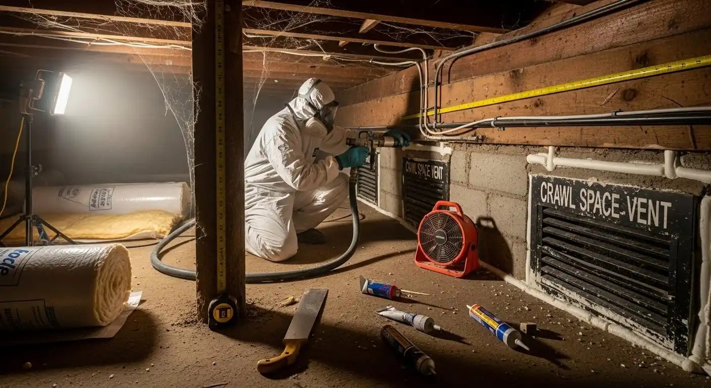 Contractor sealing crawl space air vents.