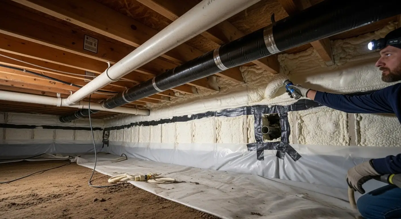 Contractor spraying foam on crawlspace wall.