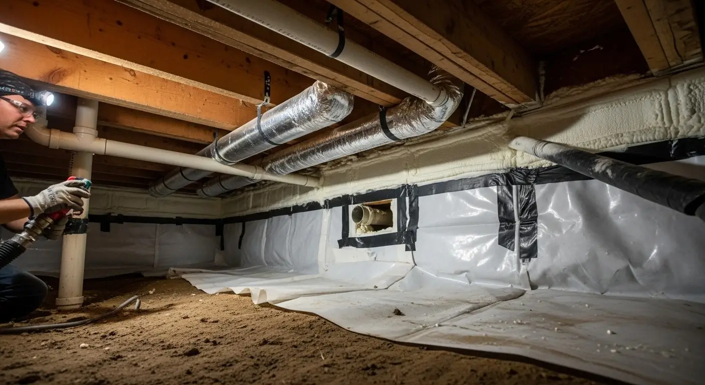 Contractor applies foam in sealed crawlspace.
