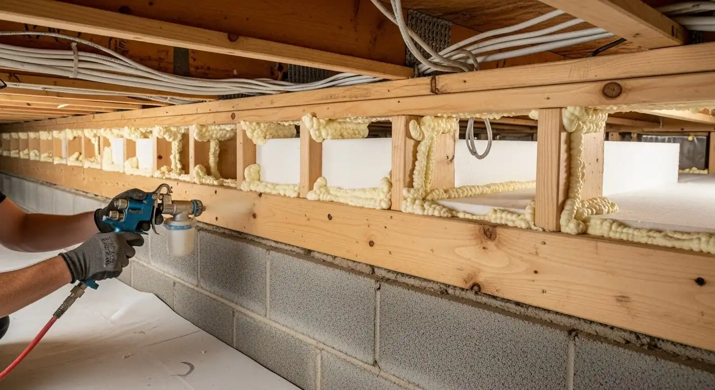 Spray foam insulation on rim joists.