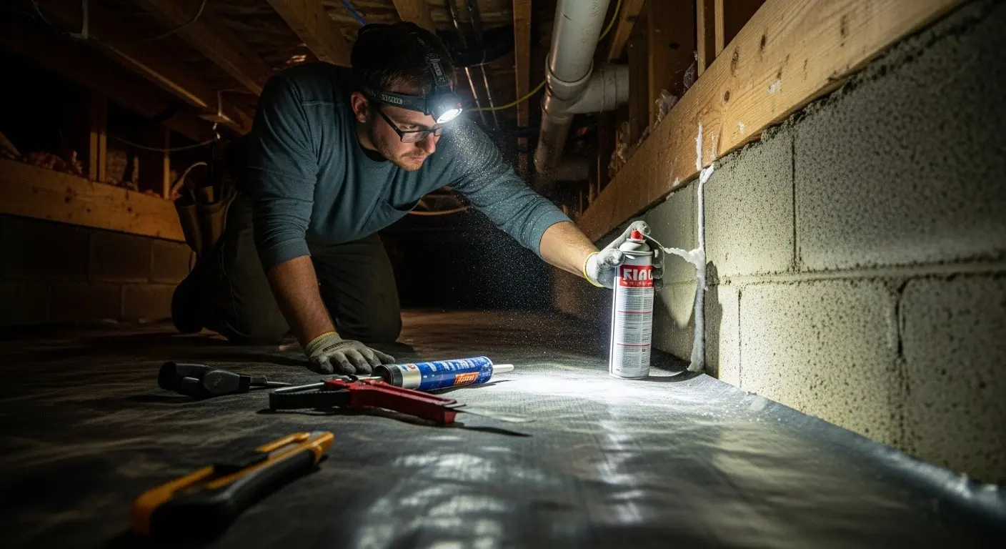Man spraying foam in encapsulated crawlspace.