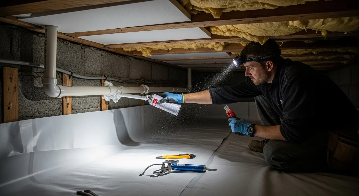 Man sprays foam around crawlspace pipes.