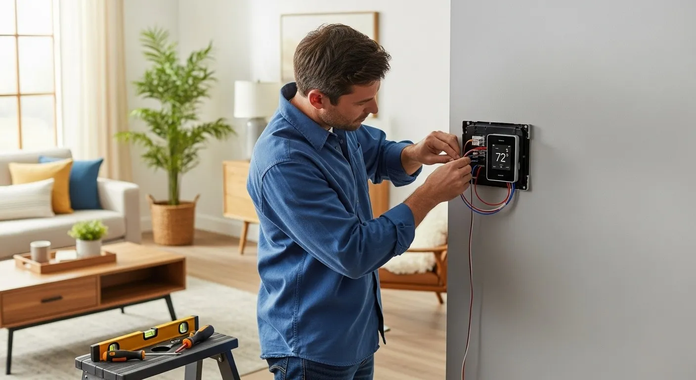 Man installing a new smart thermostat at home.