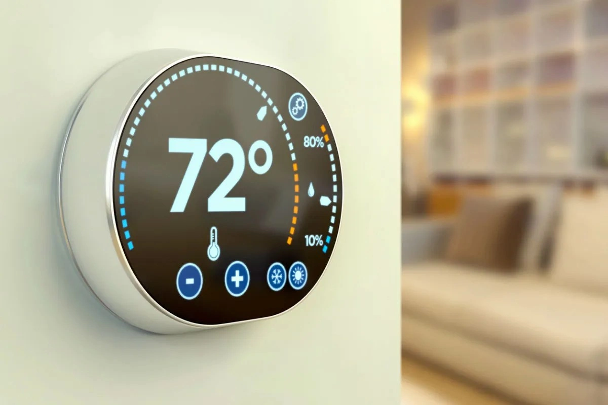 Close-up of a round smart thermostat display.