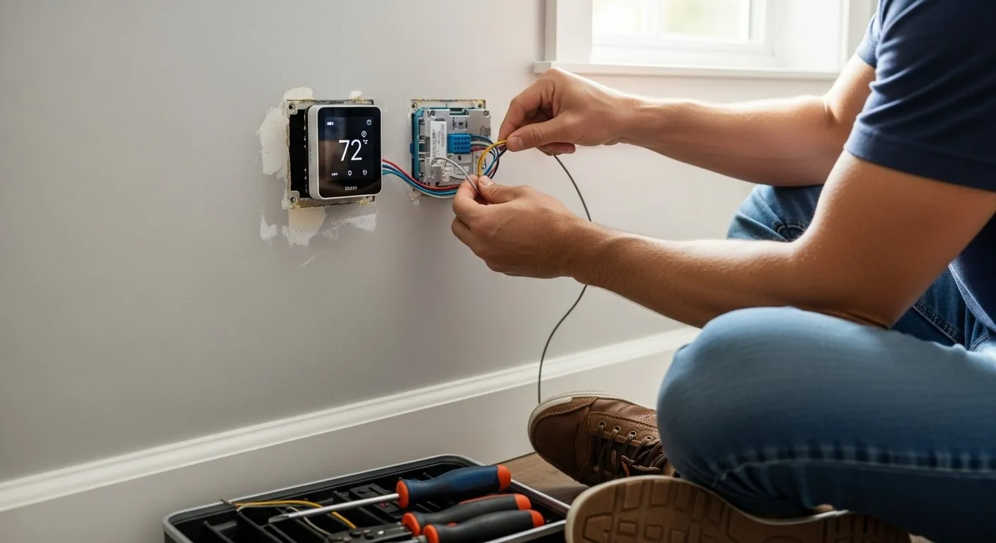 Man connecting thermostat wires during installation.
