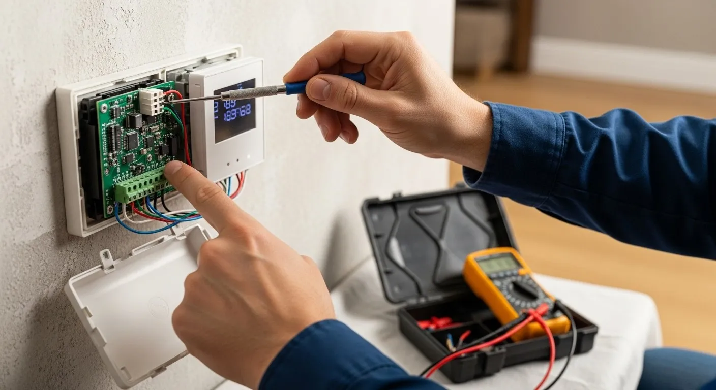 Technician wiring thermostat circuit board close-up.