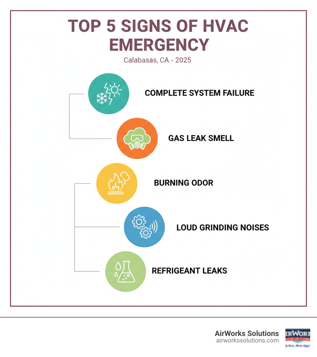 infographic showing top 5 signs of HVAC emergency: complete system failure, gas leak smell, burning odor, loud grinding noises, and refrigerant leaks - emergency hvac repair calabasas ca infographic 