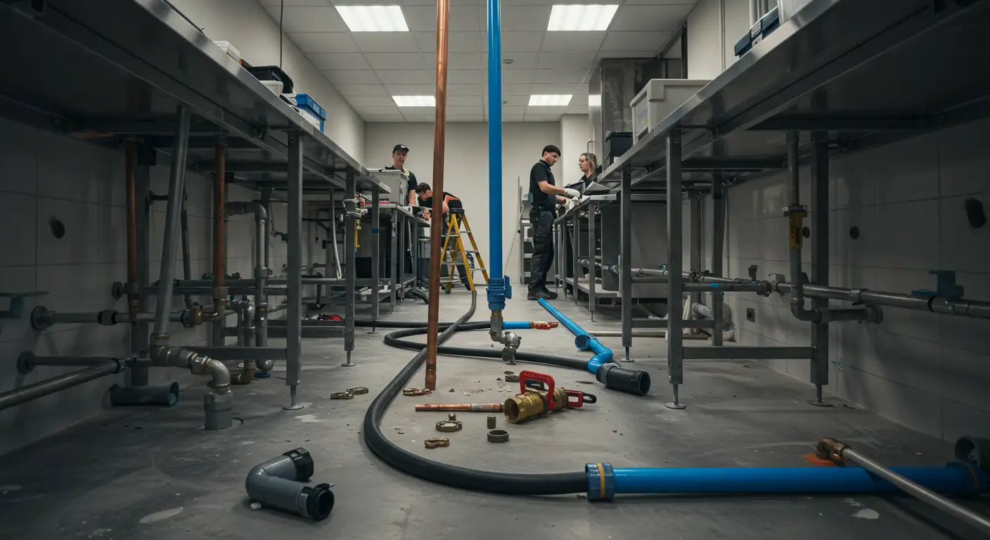  In a commercial kitchen or laboratory setting, four workers are busy installing or repairing plumbing beneath a pair of long stainless-steel countertops. Copper and blue plastic pipes, along with fittings and tools, lie on the concrete floor, with a tall copper pipe standing prominently in the center foreground.